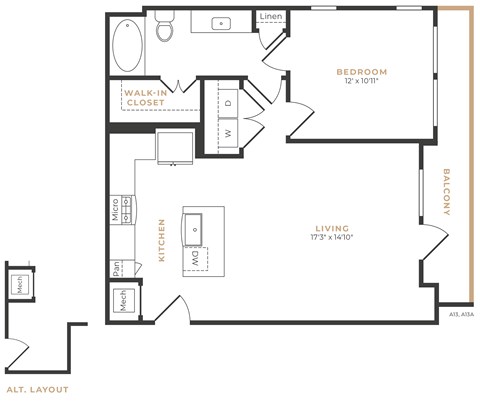 Floor plan for 1 bed, 1 bath, 771 sqft